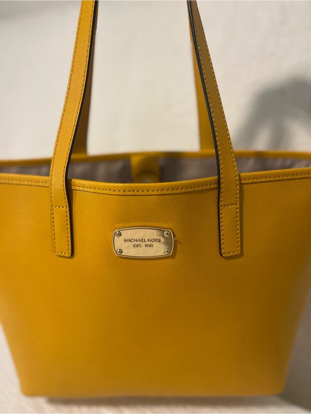 Michael Kors Mustard Saffiano Leather Tote with Gold Plaque